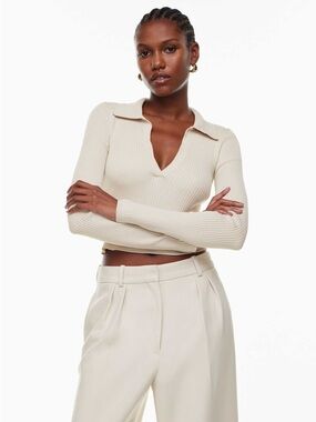 Aritzia Babaton Sculpt Knit Polo Longsleeve - Matte Pearl